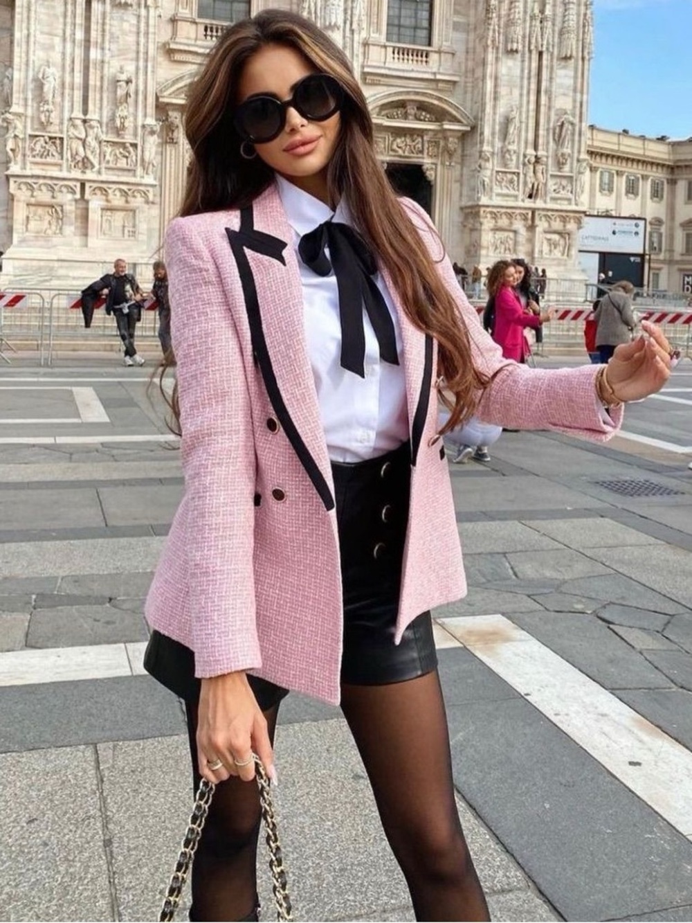 Blogger’s Favourite Zara Pink Tweed Blazer with Black Trim Accents size S